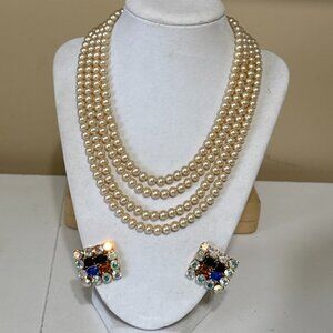 VTG De Liguoro Italy Faux Pearl Multi Strand Rhinestone Clasp Necklace, Earrings